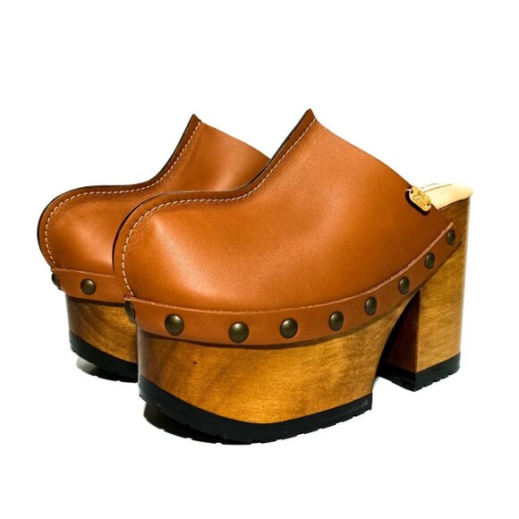 Vintage style brown leather clogs, Platform clogs with wooden heel size 7.5 - Picture 4 of 5